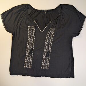 Lucky Brand Black Embroidered Tassel Top XL Boho Short Sleeve Peasant Blouse